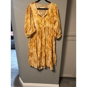 365 Tiered Dress Bohemian Style Tie Neck Long Sleeve‎ Neutral Print Sz MP